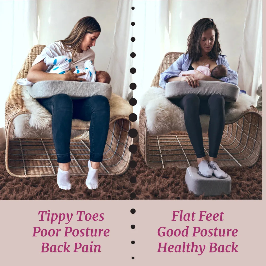 Two women sitting on wicker chairs with pillows, one with tippy toes and poor posture, the other using footstool with flat feet and good posture.